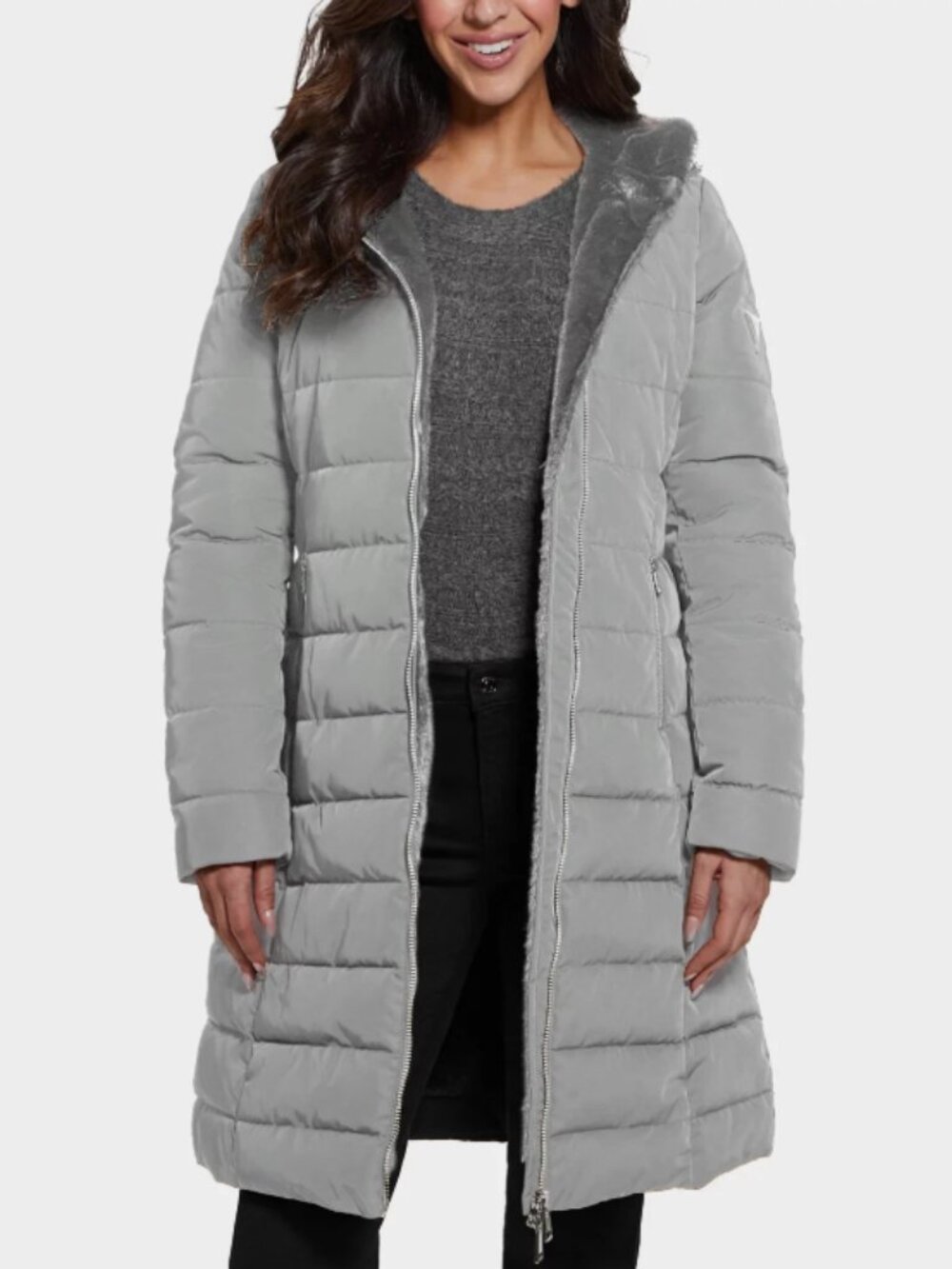$320 NWT Guess Helena Long Fur Jacket XL Gray Coat Puffer Hooded Winter Cozy - Picture 4 of 10